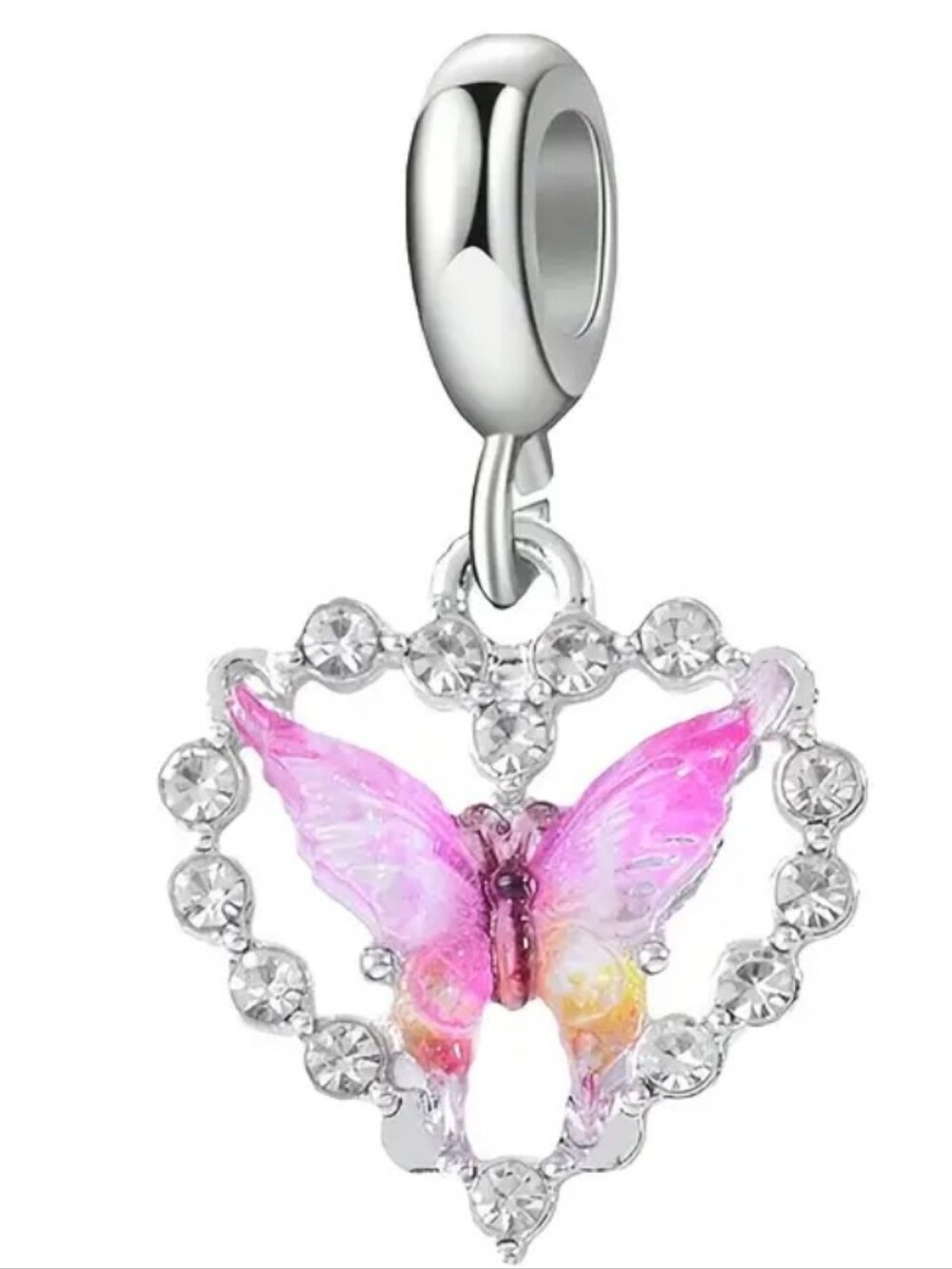 Silver Heart Butterfly Charm Pendant with Pink Accent